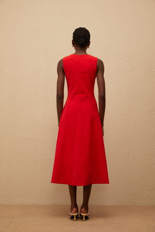 Rossella Red Floral Midi Dress A-line Embroidered Sleeveless Cinched Waist Round Neck Zip Fastening Terylene Fiber