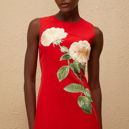 Rossella Red Floral Midi Dress A-line silhouette cinched waist round neck sleeveless embroidered floral detailing Terylene fiber rear zip fastening
