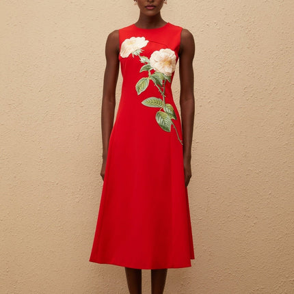 Rossella Red Floral Midi Dress A-line Sleeveless Cinched Waist Round Neck Modern Elegant Terylene Fiber
