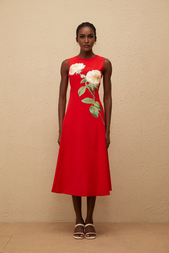 Rossella Red Floral Midi Dress A-line Sleeveless Cinched Waist Round Neck Modern Elegant Terylene Fiber