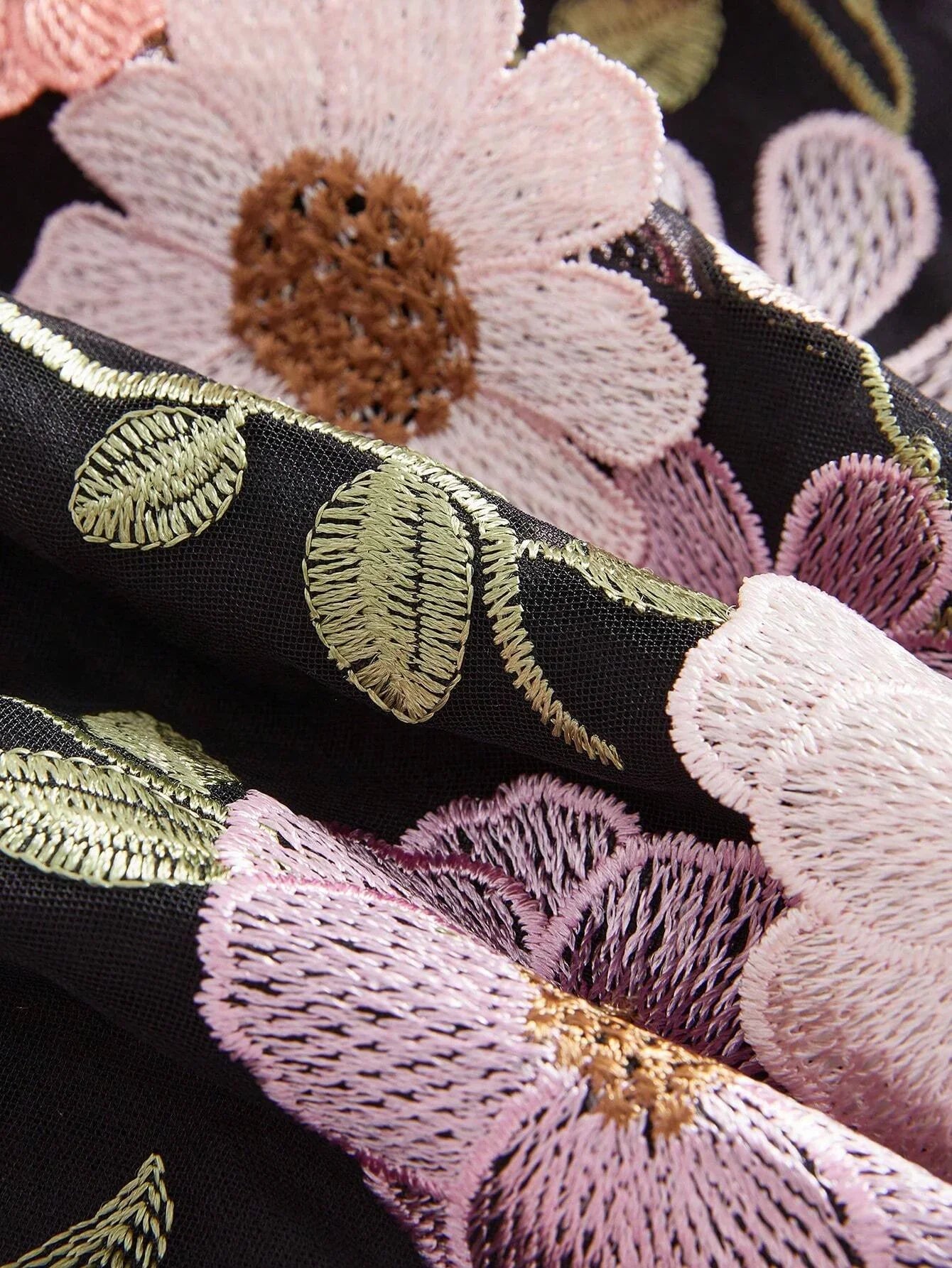 Round Neck Long Sleeve Slit Embroidery 3D Floral Relaxed Casual Dress Maxi Women Outfit