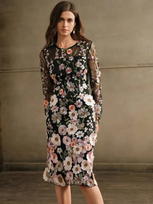 Round Neck Long Sleeve Slit Embroidery 3D Floral Relaxed Casual Dress Maxi Women Outfit