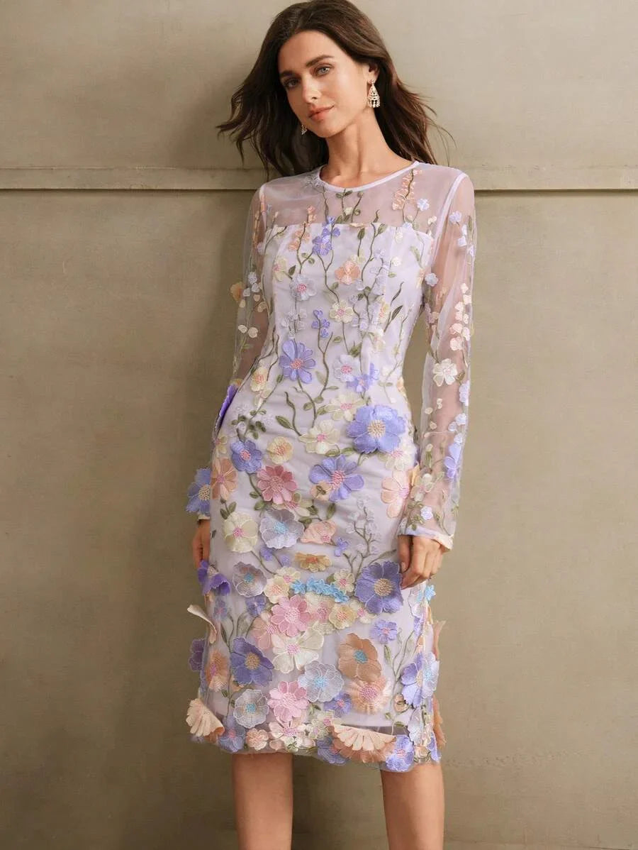 Round Neck Long Sleeve Split 3D Floral SemiSheer Double Layer Holiday Casual Dress