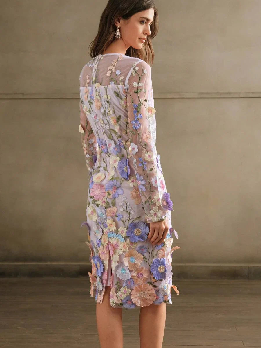 Round Neck Long Sleeve Split 3D Floral SemiSheer Double Layer Holiday Casual Dress