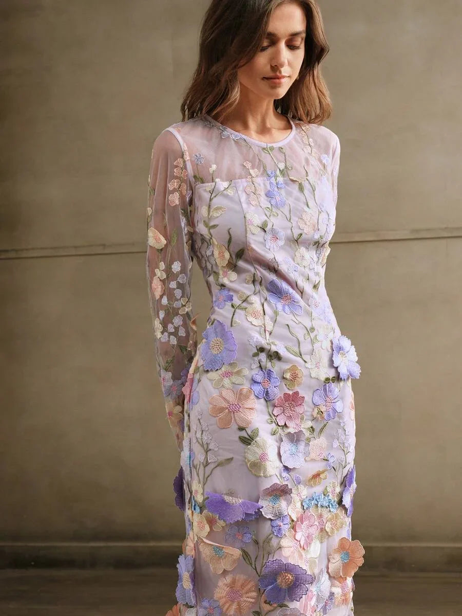 Round Neck Long Sleeve Split 3D Floral SemiSheer Double Layer Holiday Casual Dress