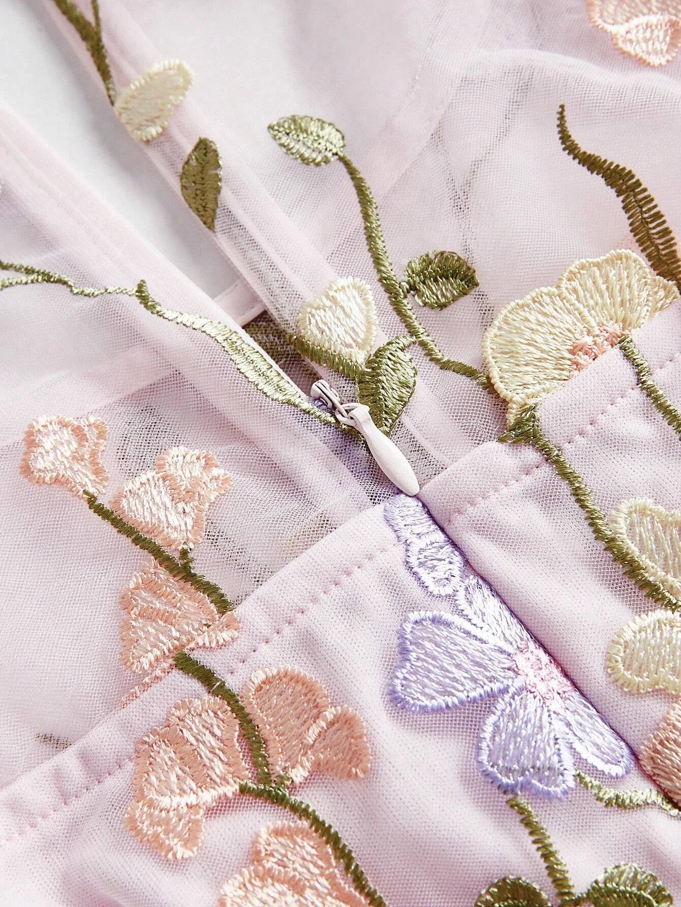 Round Neck Long Sleeve Split 3D Floral SemiSheer Double Layer Holiday Casual Dress