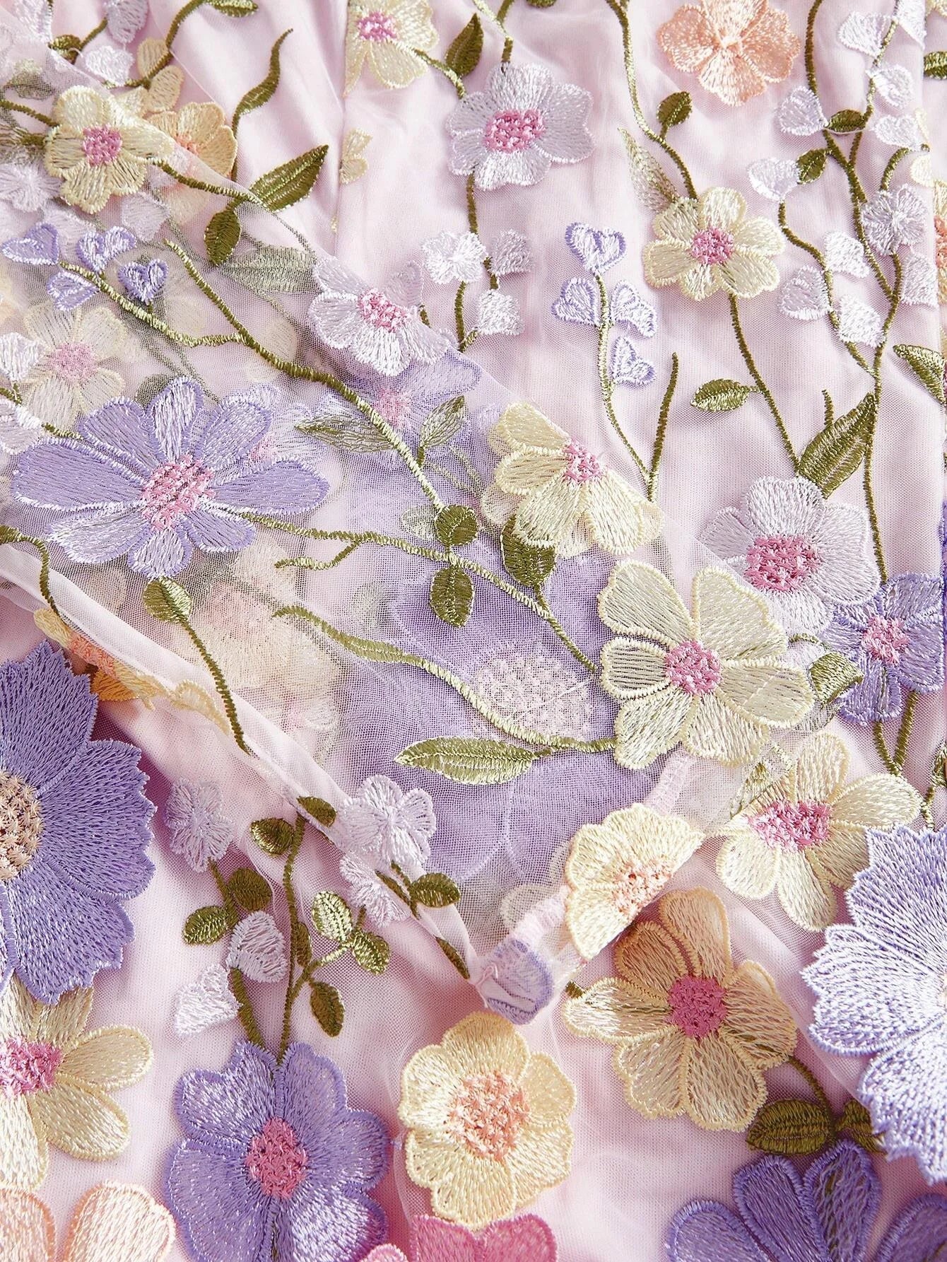 Round Neck Long Sleeve Split 3D Floral SemiSheer Double Layer Holiday Casual Dress