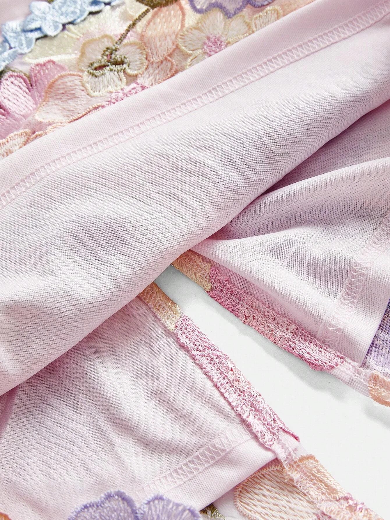 Round Neck Long Sleeve Split 3D Floral SemiSheer Double Layer Holiday Casual Dress