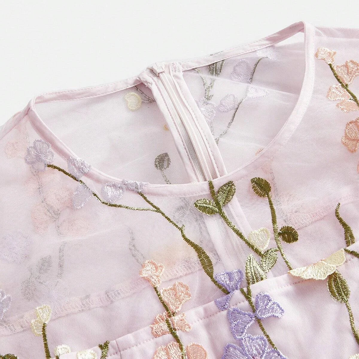 Round Neck Long Sleeve Split 3D Floral SemiSheer Double Layer Holiday Casual Dress