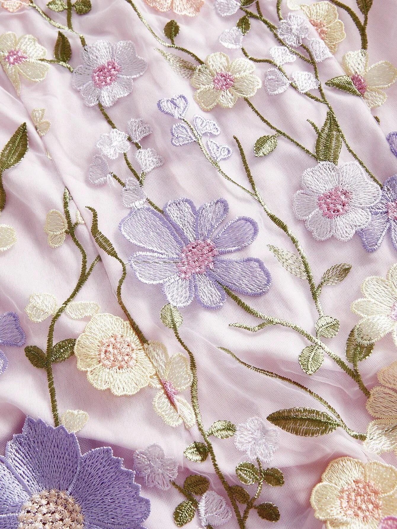 Round Neck Long Sleeve Split 3D Floral SemiSheer Double Layer Holiday Casual Dress