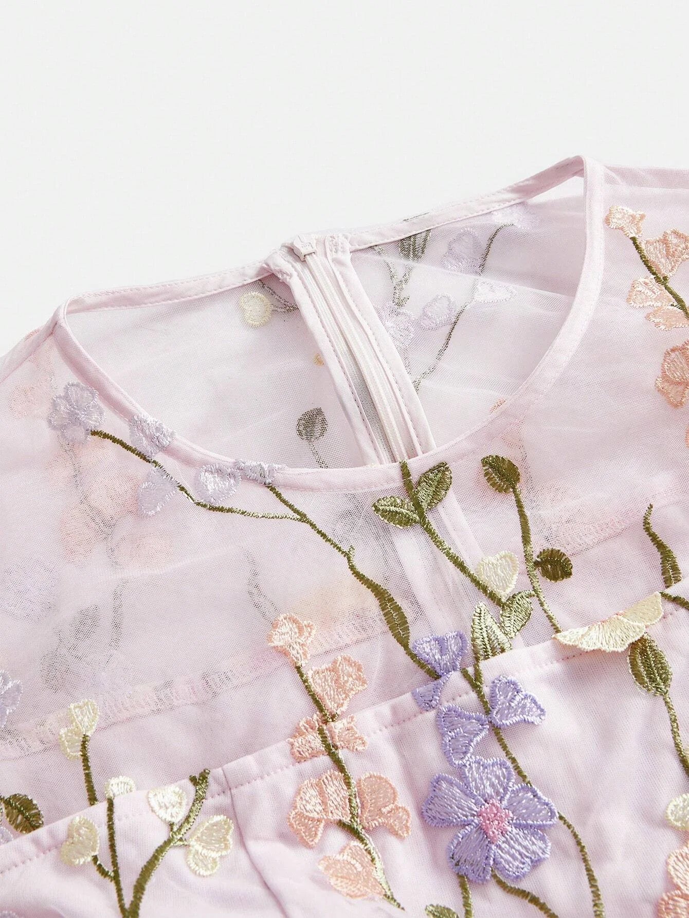 Round Neck Long Sleeve Split 3D Floral SemiSheer Double Layer Holiday Casual Dress