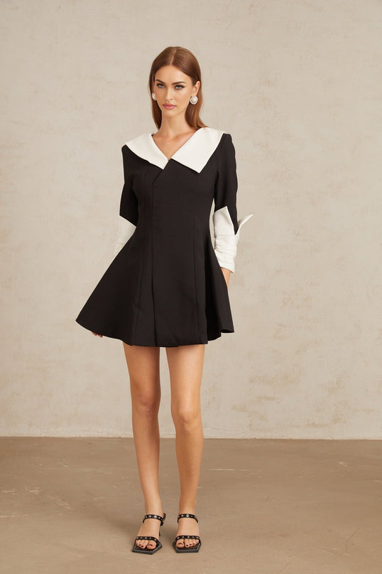 Rowan Black Color Block Mini Dress V-Neckline Asymmetrical Lapels Cinched Waist Flare Skirt Front Slit Long Sleeves Rear Zip Fastening Thigh Length