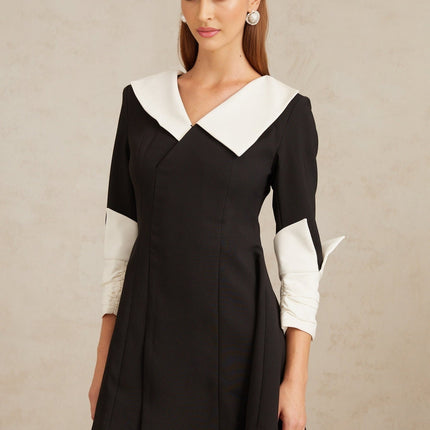 Rowan Black Color Block Mini Dress with V-Neckline and Asymmetrical Lapels