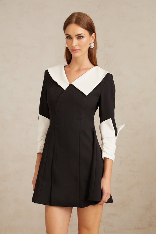Rowan Black Color Block Mini Dress with V-Neckline and Asymmetrical Lapels