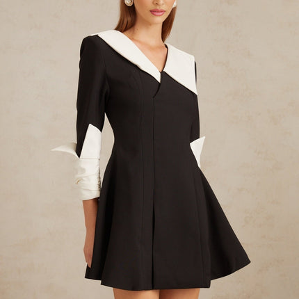 Rowan Black Color Block Mini Dress with V-Neckline and Asymmetrical Lapels