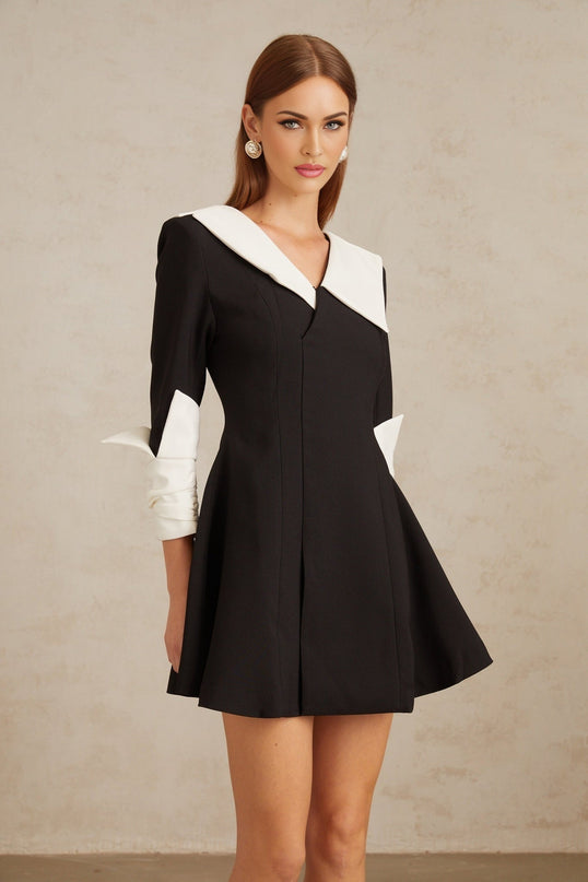 Rowan Black Color Block Mini Dress with V-Neckline and Asymmetrical Lapels