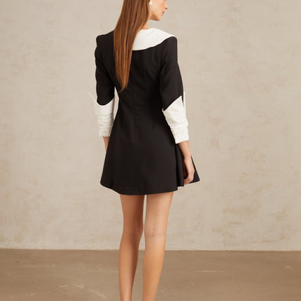 Rowan Black and White Color Block Mini Dress with V-Neckline and Asymmetrical Lapels