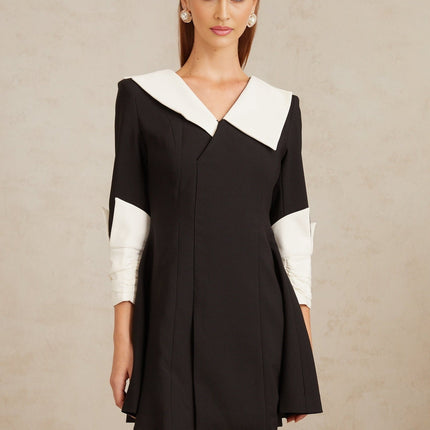 Rowan Black and White Color Block V-Neck Mini Dress with Asymmetrical Lapels and Front Slit