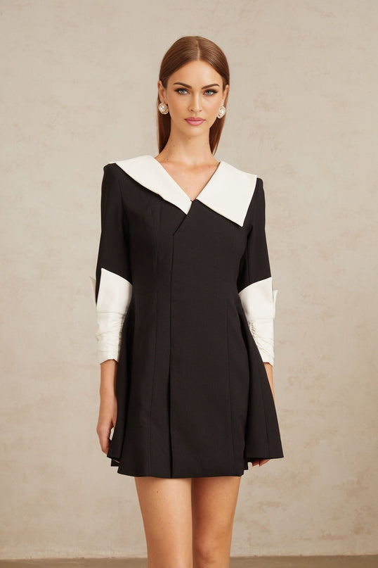 Rowan Black and White Color Block V-Neck Mini Dress with Asymmetrical Lapels and Front Slit