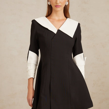 Rowan Black and White Color Block V-Neck Mini Dress with Asymmetrical Lapels and Front Slit