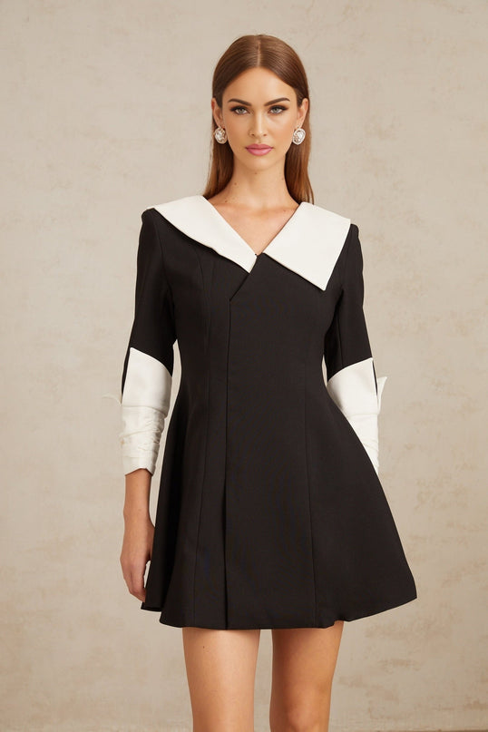 Rowan Black and White Color Block V-Neck Mini Dress with Asymmetrical Lapels and Front Slit