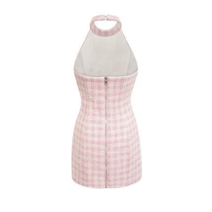 Rowan Pink Halterneck Mini Dress with Faux Pearl Embellishment