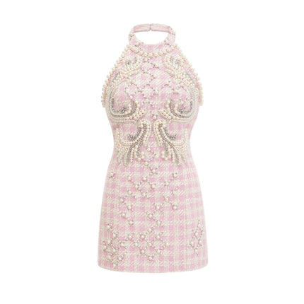 Rowan Pink Halterneck Mini Dress with Faux Pearl Embellishment