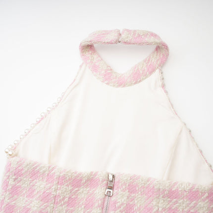 Rowan Pink Halterneck Mini Dress Faux Pearl Embellishment 100% Cotton Sleeveless Round Neck Rear Zip Fastening Size S Model 5'9