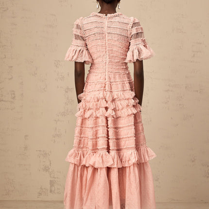 Rowan Pink Tulle Dot-Embroidered Midi Dress