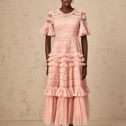 Rowan Pink Tulle Dot-Embroidered Midi Dress