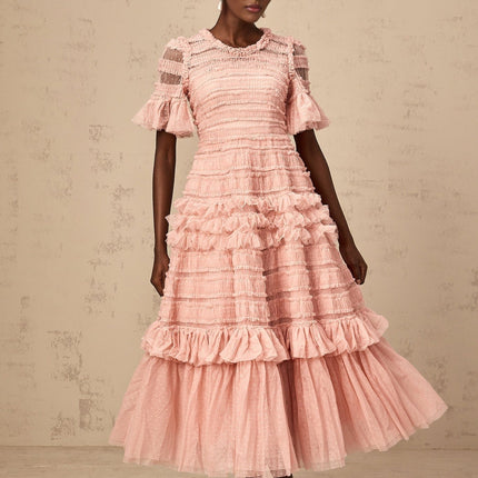 Rowan Pink Tulle Dot-Embroidered Midi Dress