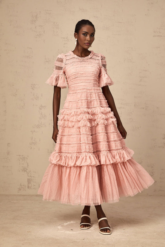 Rowan Pink Tulle Dot-Embroidered Midi Dress