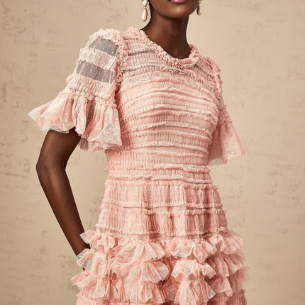 Rowan Pink Tulle Dot-Embroidered Midi Dress