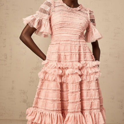 Rowan Pink Tulle Dot-Embroidered Midi Dress