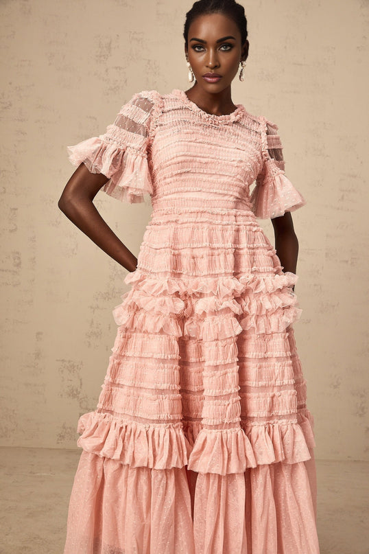 Rowan Pink Tulle Dot-Embroidered Midi Dress