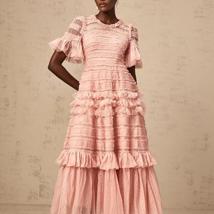 Rowan Pink Tulle Dot-Embroidered Midi Dress