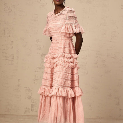 Rowan Pink Tulle Dot-Embroidered Midi Dress