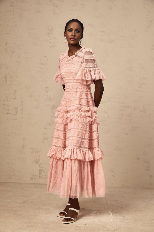 Rowan Pink Tulle Dot-Embroidered Midi Dress