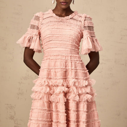 Rowan Pink Tulle Dot-Embroidered Tiered Midi Dress