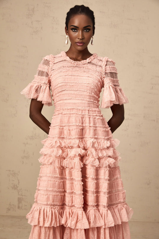 Rowan Pink Tulle Dot-Embroidered Tiered Midi Dress