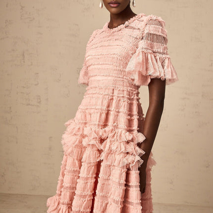 Rowan Pink Tulle Dot-embroidered Tiered Midi Dress