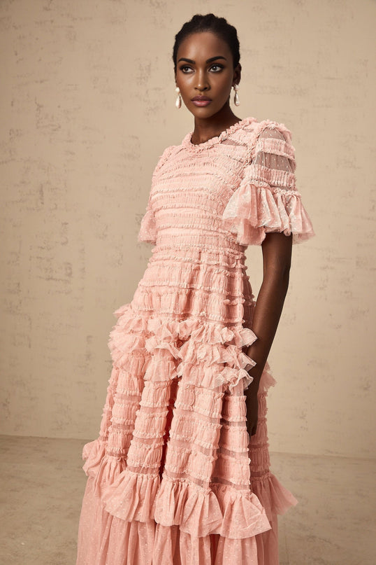 Rowan Pink Tulle Dot-embroidered Tiered Midi Dress