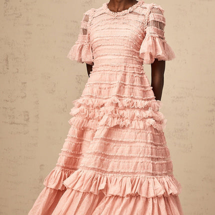 Rowan Pink Tulle Dot Embroidery Tiered Midi Dress