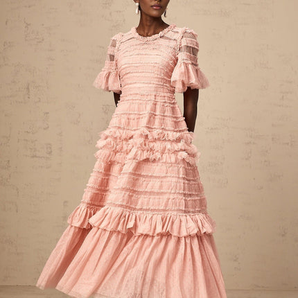 Rowan Pink Tulle Dot Embroidery Tiered Midi Dress
