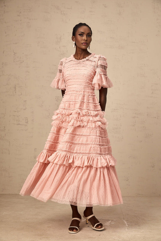 Rowan Pink Tulle Dot Embroidery Tiered Midi Dress