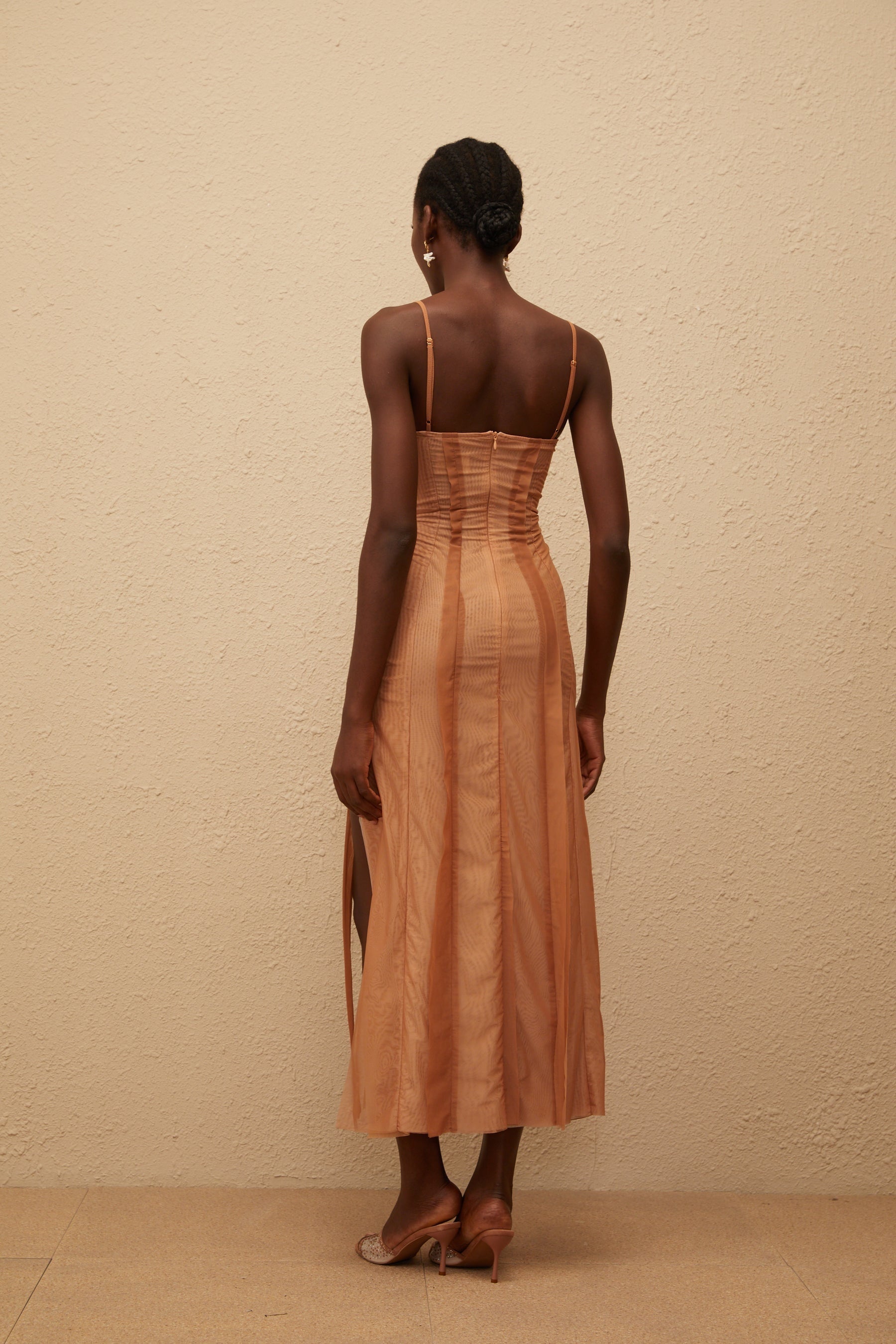 Roxane Brown Asymmetrical Tulle Maxi Dress