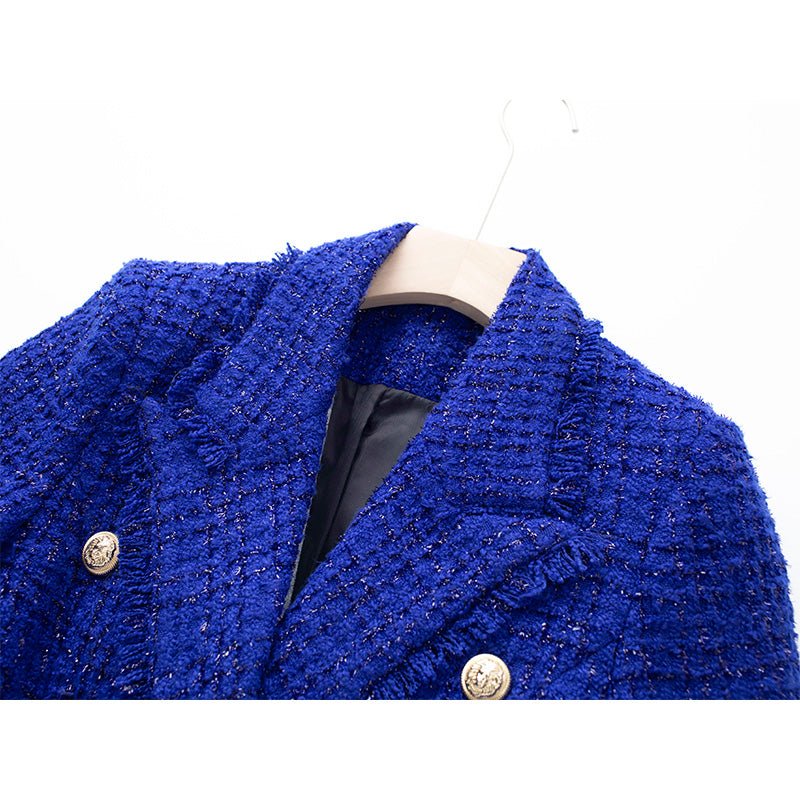 Royal Bouclé Blazer with Luxe Gold Accents - XXS