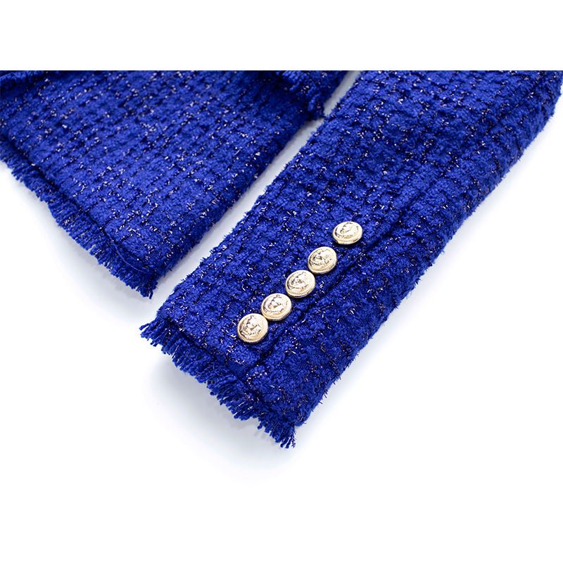 Royal Bouclé Blazer with Luxe Gold Accents - XXS