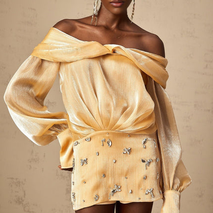Ruby Gold Crystal Embellished Off-Shoulder Mini Dress