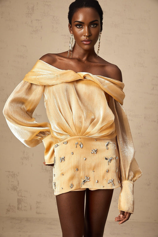 Ruby Gold Crystal Embellished Off-Shoulder Mini Dress
